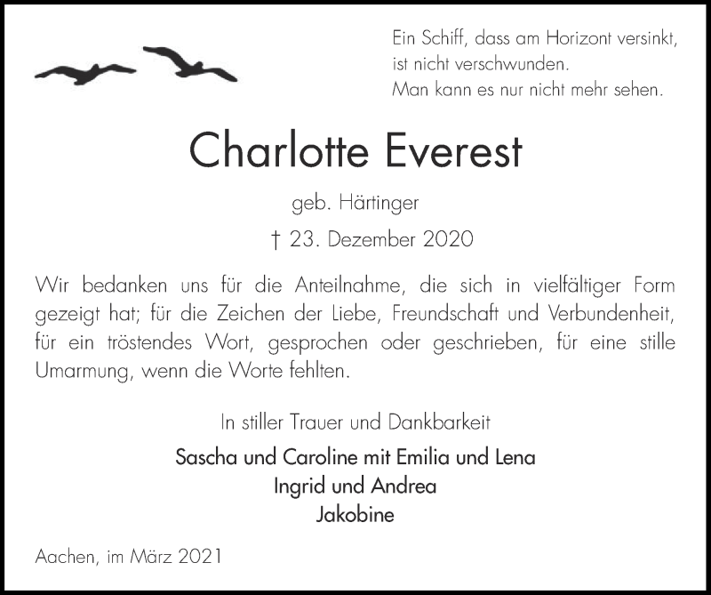  Traueranzeige für Charlotte Everest vom 28.03.2021 aus Zeitung am Sonntag