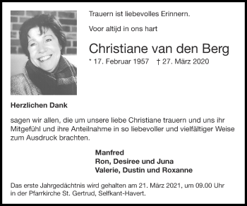 Traueranzeige von Christiane van den Berg von Zeitung am Sonntag