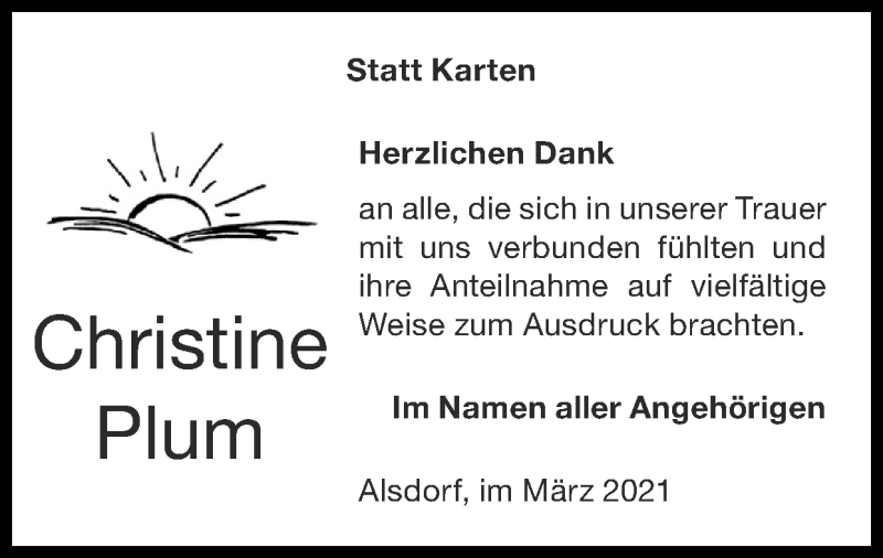  Traueranzeige für Christine Plum vom 07.03.2021 aus Zeitung am Sonntag