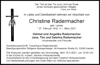Traueranzeige von Christine Radermacher von Aachener Zeitung / Aachener Nachrichten