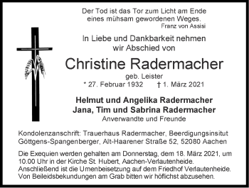 Traueranzeige von Christine Radermacher von Zeitung am Sonntag