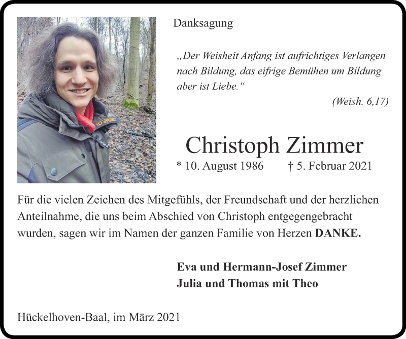  Traueranzeige für Christoph Zimmer vom 21.03.2021 aus Zeitung am Sonntag