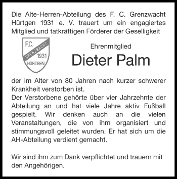 Traueranzeige von Dieter Palm von Zeitung am Sonntag