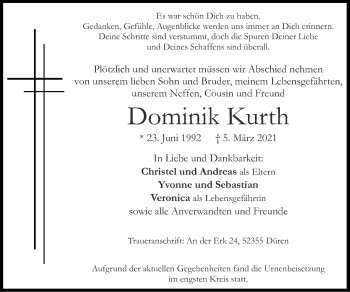 Traueranzeige von Dominik Kurth von Zeitung am Sonntag