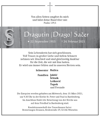 Traueranzeige von Dragutin  Sacer von Zeitung am Sonntag