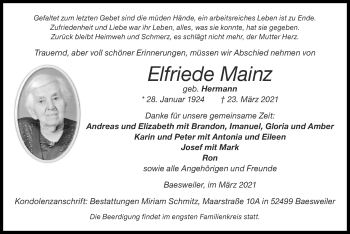 Traueranzeige von Elfriede Mainz von Zeitung am Sonntag