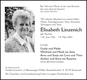 Traueranzeige von Elisabeth Linzenich von Zeitung am Sonntag