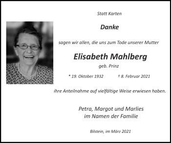 Traueranzeige von Elisabeth Mahlberg von Zeitung am Sonntag