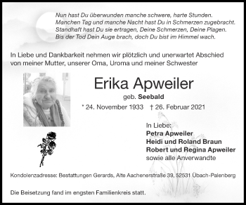 Traueranzeige von Erika Apweiler von Zeitung am Sonntag