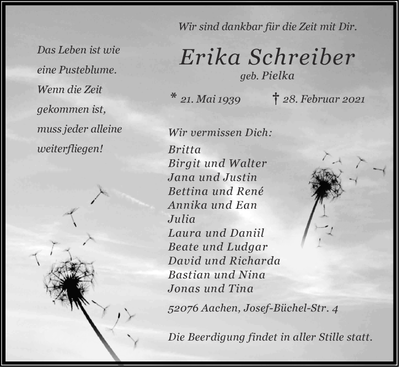  Traueranzeige für Erka Schreiber vom 14.03.2021 aus Zeitung am Sonntag