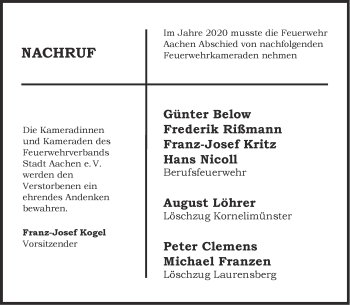 Traueranzeige von Feuerwehr Aachen trauert um von Aachener Zeitung / Aachener Nachrichten