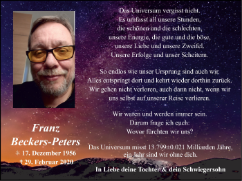 Traueranzeige von Franz Beckers-Peters von Zeitung am Sonntag