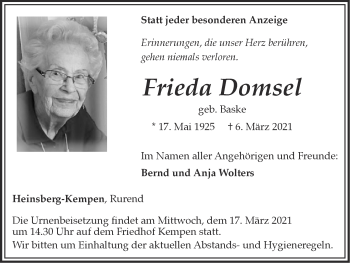 Traueranzeige von Frieda Domsel von Zeitung am Sonntag