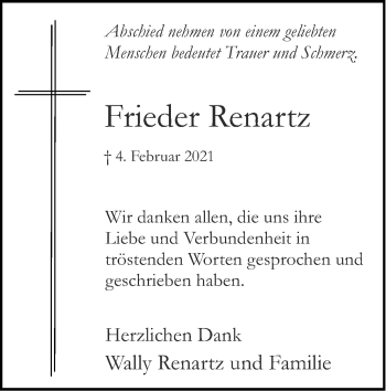 Traueranzeige von Frieder Renartz von Zeitung am Sonntag