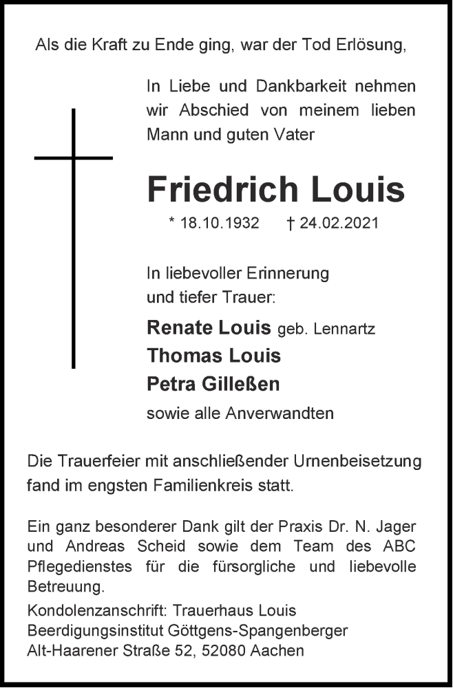  Traueranzeige für Friedrich Louis vom 14.03.2021 aus Zeitung am Sonntag