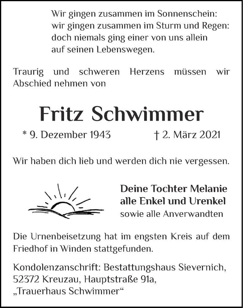 Traueranzeige für Fritz Schwimmer vom 14.03.2021 aus Zeitung am Sonntag