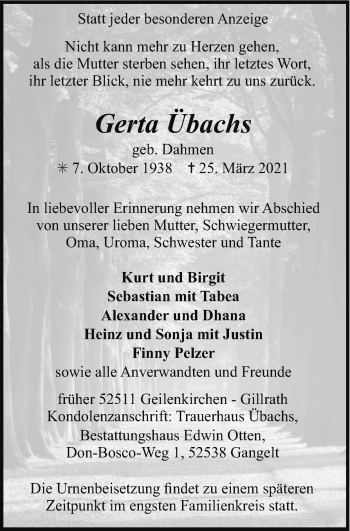 Traueranzeige von Gerta Übachs von Zeitung am Sonntag