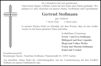 Traueranzeige von Gertrud Stollmann von Aachener Zeitung / Aachener Nachrichten