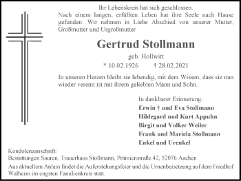 Traueranzeige von Gertrud Stollmann von Zeitung am Sonntag