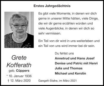 Traueranzeige von Grete Kofferath von Zeitung am Sonntag