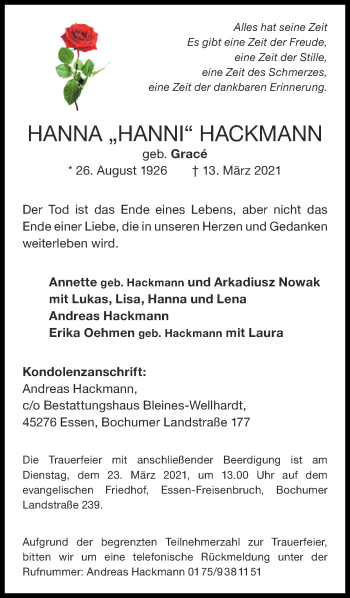 Traueranzeige von Hanna Hackmann von Zeitung am Sonntag