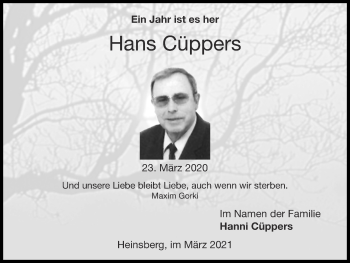 Traueranzeige von Hans Cüppers von Zeitung am Sonntag