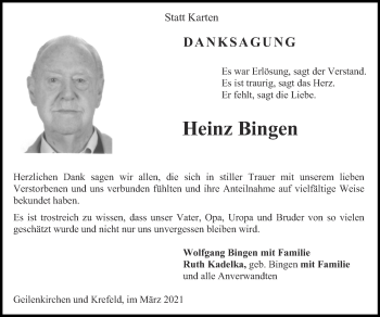 Traueranzeige von Heinz Bingen von Zeitung am Sonntag