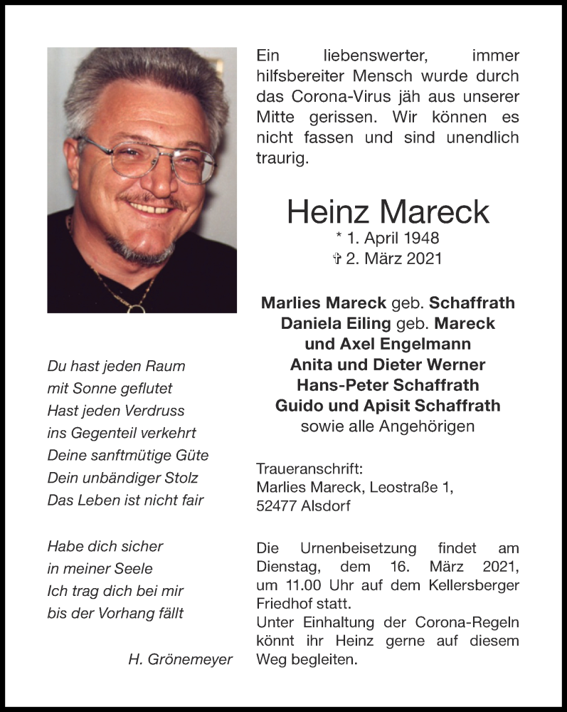  Traueranzeige für Heinz Mareck vom 14.03.2021 aus Zeitung am Sonntag