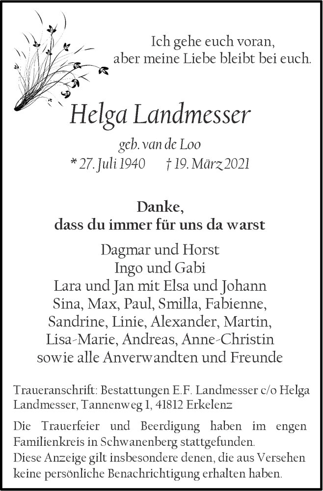  Traueranzeige für Helga Landmesser vom 28.03.2021 aus Zeitung am Sonntag