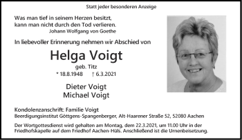 Traueranzeige von Helga Voigt von Aachener Zeitung / Aachener Nachrichten