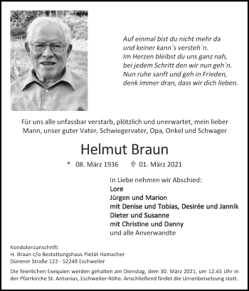 Traueranzeige von Helmut Braun von Zeitung am Sonntag