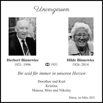 Traueranzeige von Herbert Binnewies von Zeitung am Sonntag