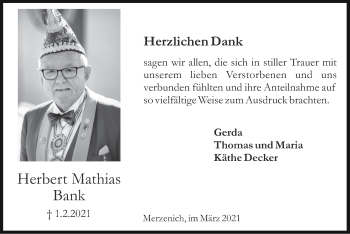 Traueranzeige von Herbert Mathias Bank von Zeitung am Sonntag