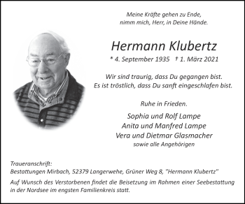Traueranzeige von Hermann Klubertz von Zeitung am Sonntag