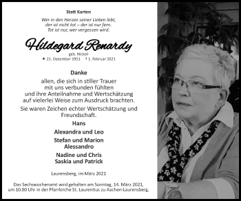 Traueranzeige von Hildegard Renardy von Zeitung am Sonntag
