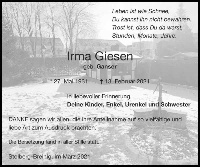  Traueranzeige für Irma Giesen vom 14.03.2021 aus Zeitung am Sonntag