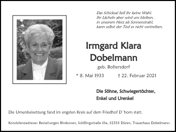 Traueranzeige von Irmgard Klara Dobelmann von Zeitung am Sonntag
