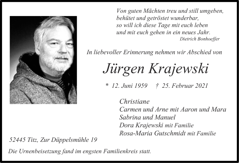 Traueranzeigen Von Jurgen Krajewski Aachen Gedenkt