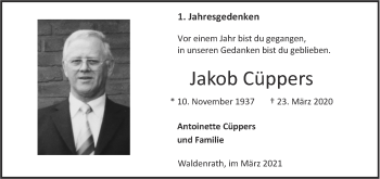 Traueranzeige von Jakob Cüppers von Aachener Zeitung / Aachener Nachrichten