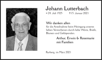 Traueranzeige von Johann Lutterbach von Zeitung am Sonntag