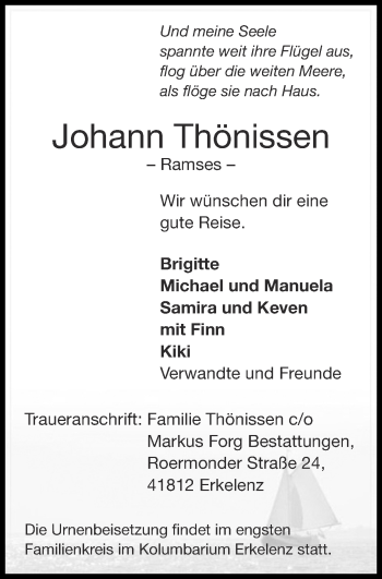 Traueranzeige von Johann Thönissen von Zeitung am Sonntag