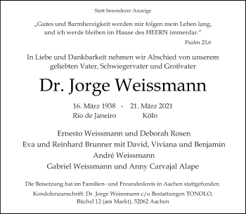 Traueranzeige von Jorge Weissmann von Aachener Zeitung / Aachener Nachrichten