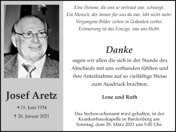 Traueranzeige von Josef Aretz von Zeitung am Sonntag