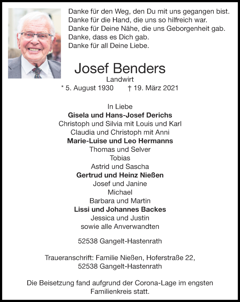 Traueranzeige für Josef Benders vom 28.03.2021 aus Zeitung am Sonntag