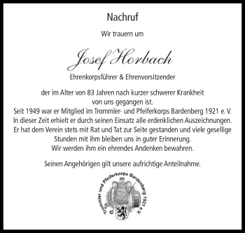 Traueranzeige von Josef Horbach von Zeitung am Sonntag