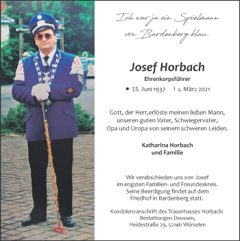 Traueranzeige von Josef Horbach von Zeitung am Sonntag