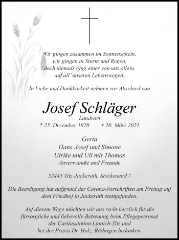 Traueranzeige von Josef Schläger von Zeitung am Sonntag