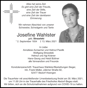 Traueranzeige von Josefine Wahlster von Zeitung am Sonntag