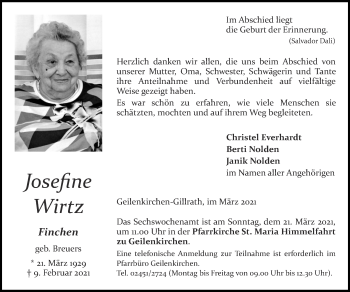 Traueranzeige von Josefine Wirtz von Zeitung am Sonntag