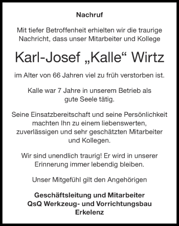 Traueranzeige von Karl-Josef Wirtz von Zeitung am Sonntag
